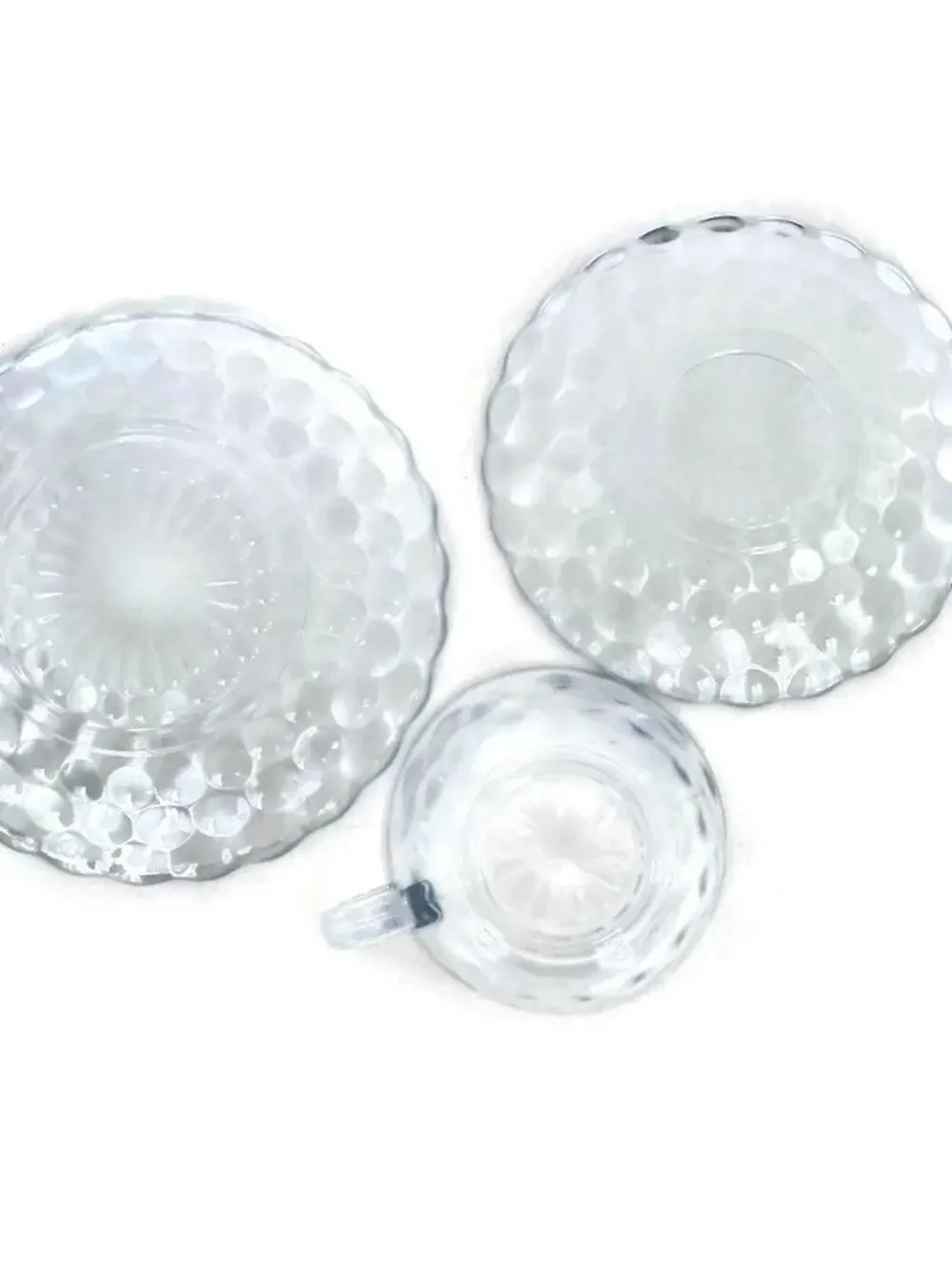 Vintage Anchor Hocking Pale Blue Glassware Set: Bubble Design Tea Cup and Saucer